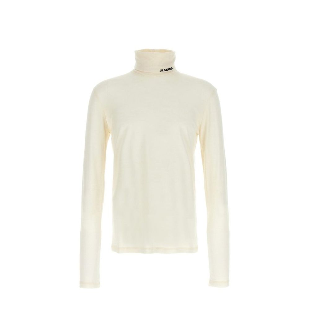 Jil Sander White Polyester Turtleneck with high neck, contrast logo, long sleeves, 55% polyester 45% virgin wool, size L, men’s fashion.