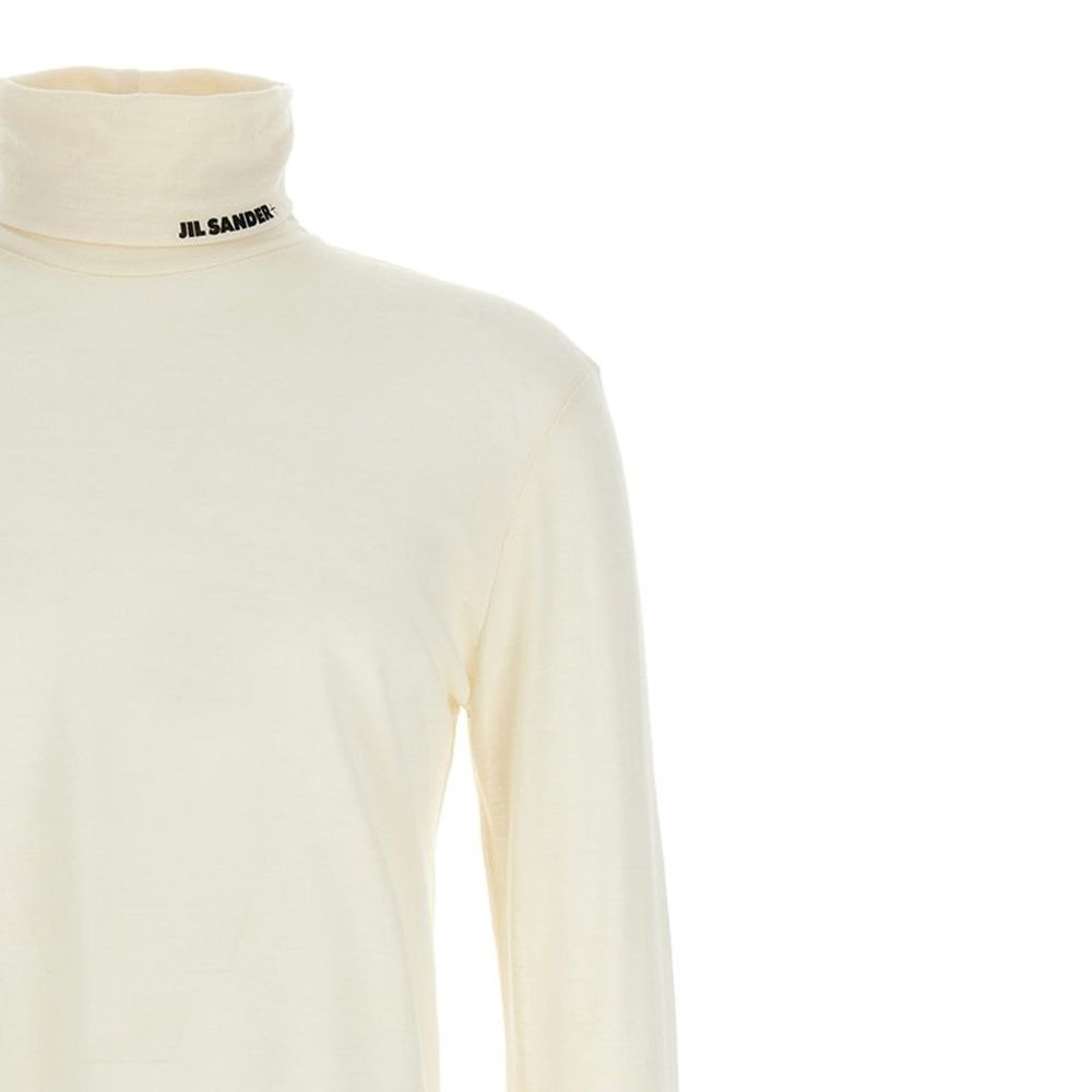 Jil Sander White Polyester Turtleneck for men, regular fit, with contrast logo on collar, high neck, long sleeves, composition 55% polyester, 45% wool.