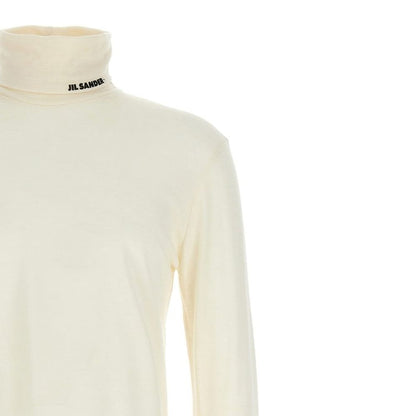 Jil Sander White Polyester Turtleneck for men, regular fit, with contrast logo on collar, high neck, long sleeves, composition 55% polyester, 45% wool.