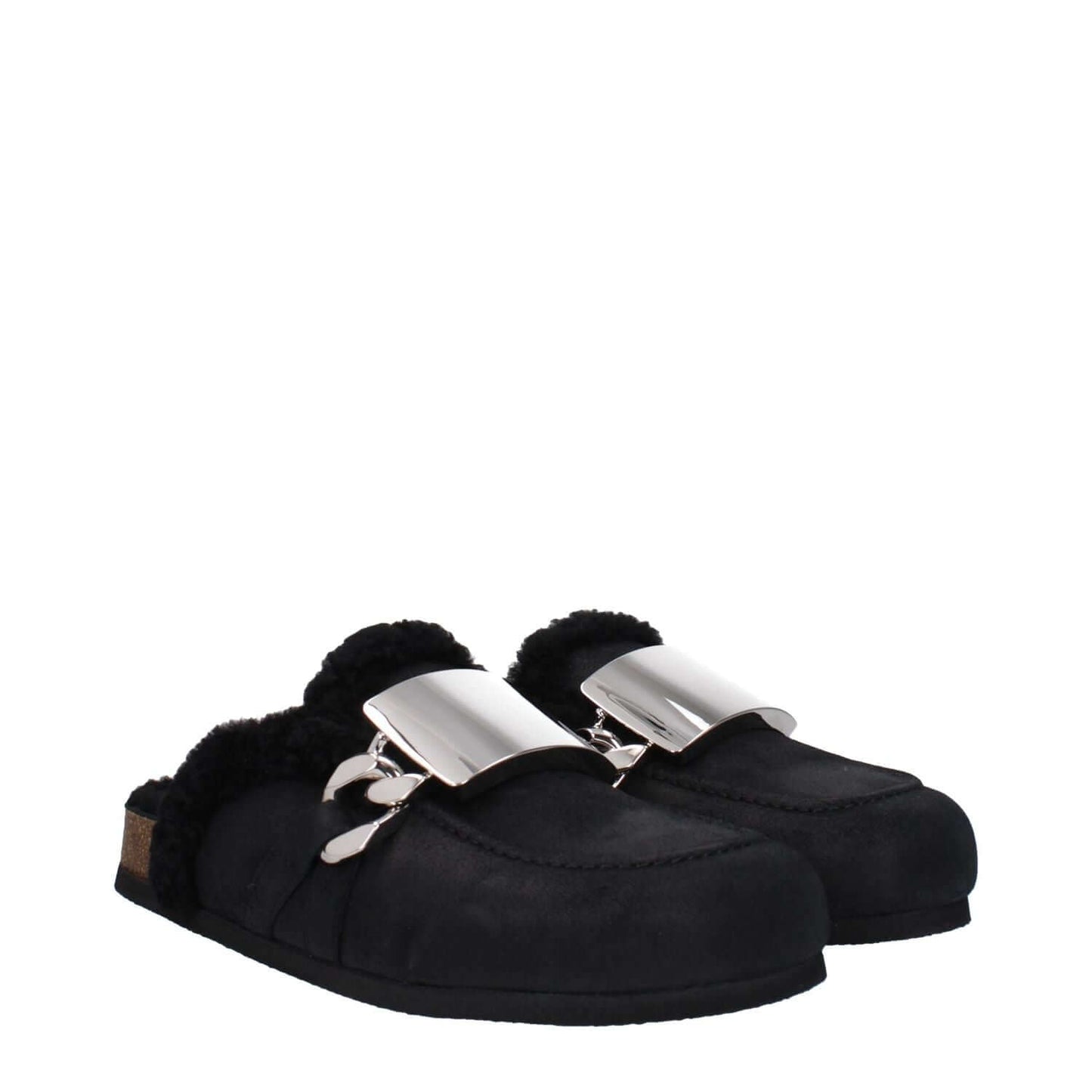 Jw Anderson Black Leather Slippers with silver details and fur lining, casual suede design, rubber sole, MPN ANM40500B999.