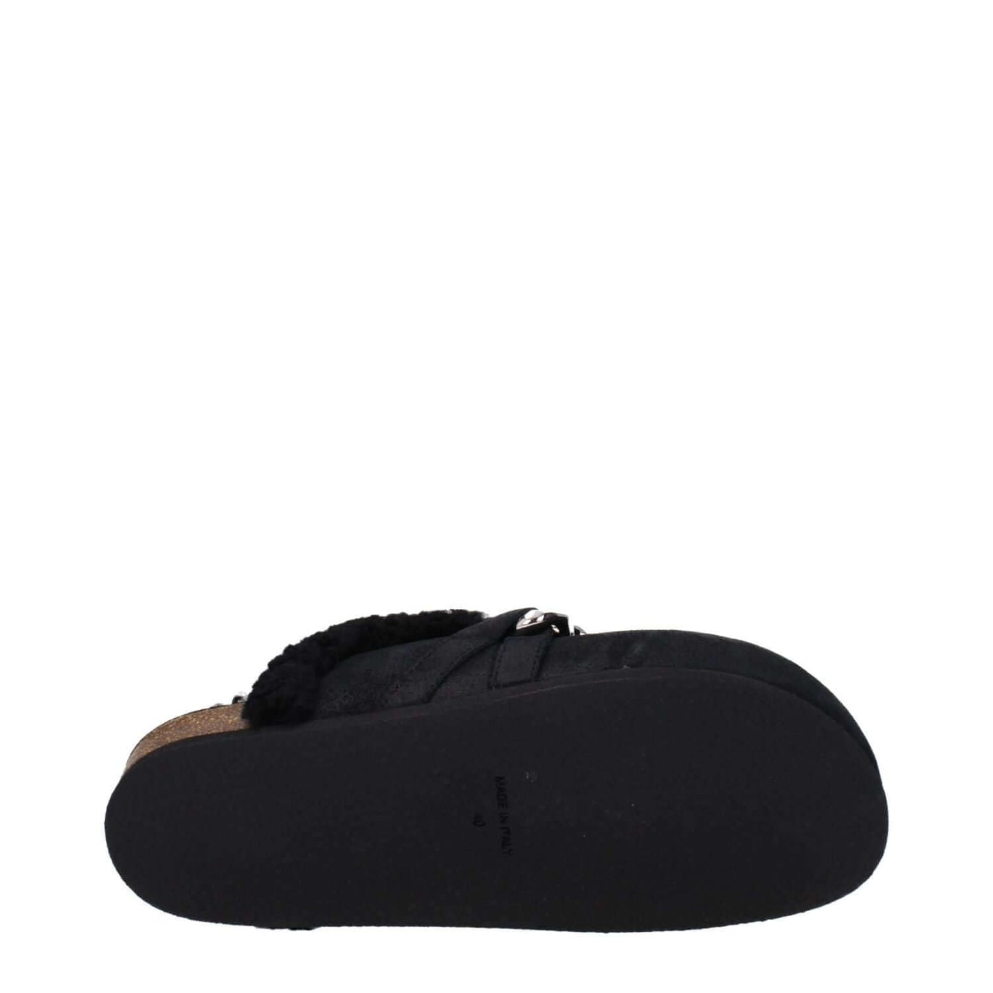Jw Anderson Black Leather Slippers, side view showing suede material, silver details, rubber sole, and fur lining.