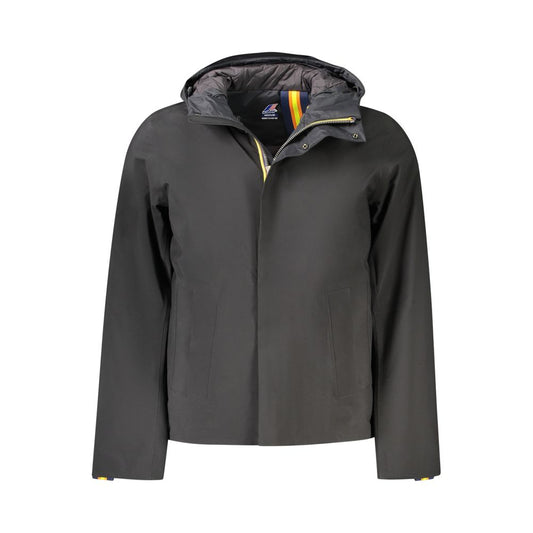 Alt Tag: K-WAY Black Polyester Men Jacket with double padding and practical pockets, luxury design, sleek and snug fitting outerwear for men.