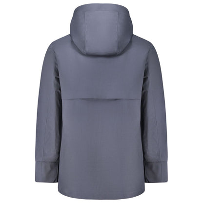 Back view of K-WAY Blue Wool Men Trench Coat with removable hood, highlighting sleek design and functional style.