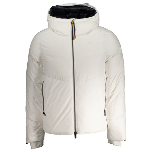 K-WAY White Polyester Men Jacket with long sleeves, goose down fill, and contrast zipper, showcasing warmth and style with branded logo.