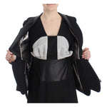 Model wearing KAALE SUKTAE Black Short Blazer Coat Biker Jacket with open front showcasing elegant design details.