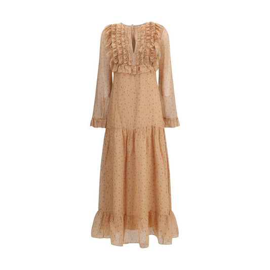 Kristina Ti Multicolor Silk Long Dress with vintage stripes, ruffles, puffed cuffs, and flounce hem, perfect for AW25 season elegance.