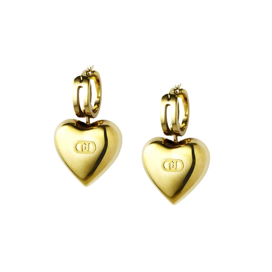 Gold heart-shaped hoop earrings with embossed design