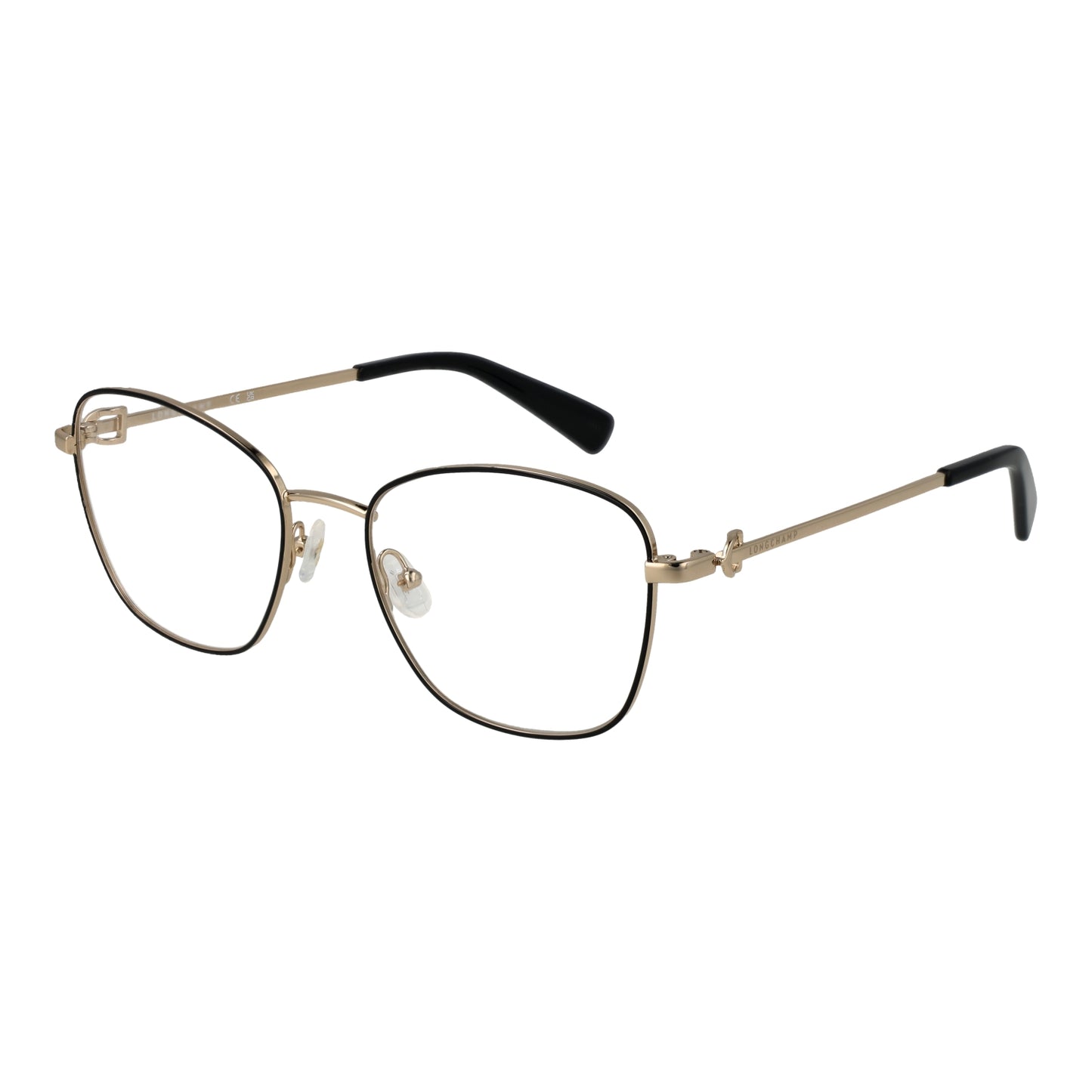 Alt Tag: LONGCHAMP MOD. LO2133 52720 elegant lady's eyeglasses, gold frame with black accents, highlighting sophisticated style.