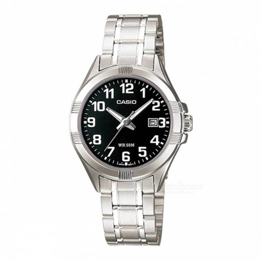 CASIO COLLECTION Mod. LADY DATE - BLACK wristwatch, 31mm metal case, black dial, metal strap, quartz movement. Water-resistant 5 ATM.