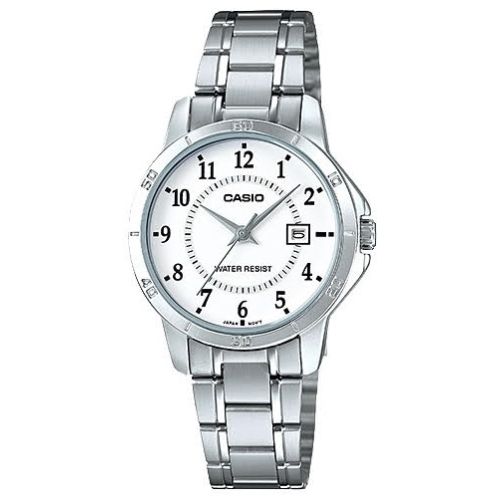 CASIO COLLECTION Mod. LADY DATE - WHITE wristwatch with stainless steel bracelet, 3 ATM water resistance, quartz movement, and mineral dial.