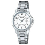 CASIO COLLECTION Mod. LADY DATE - WHITE wristwatch with stainless steel bracelet, 3 ATM water resistance, quartz movement, and mineral dial.