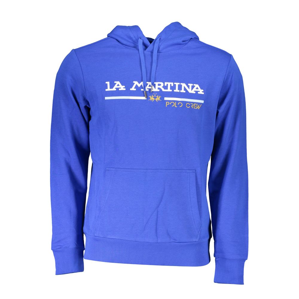 La Martina Blue Cotton Men Sweater with logo, sports elegance, central pocket, and contrasting details.