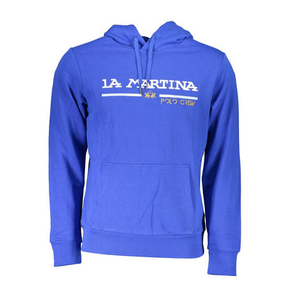 La Martina Blue Cotton Men Sweater with logo, sports elegance, central pocket, and contrasting details.