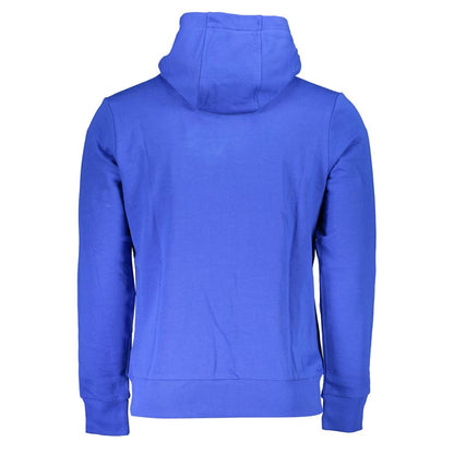 Back view of La Martina Blue Cotton Men Sweater showcasing sporty hoodie and elegant design.