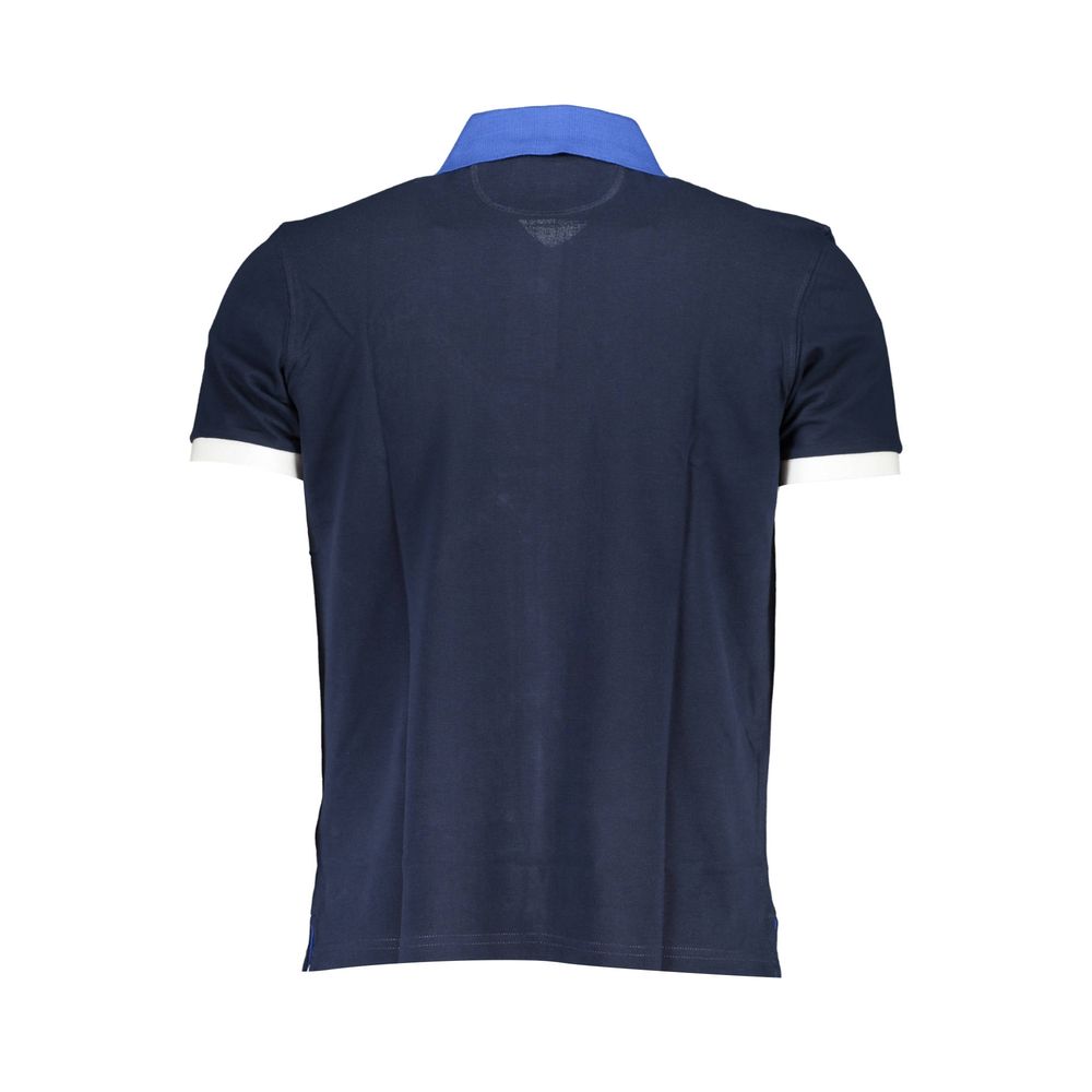 Back view of La Martina Blue Cotton Mens Polo Shirt with contrasting collar and cuffs, showcasing elegant style and comfort.