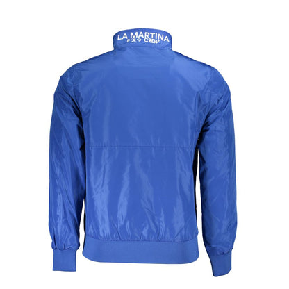 Back view of La Martina Blue Polyester Men's Jacket with logo embroidery, showcasing sleek design and high-quality craftsmanship.