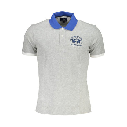 La Martina Brown Cotton Men Polo Shirt with blue collar, classic fit, and logo embroidery