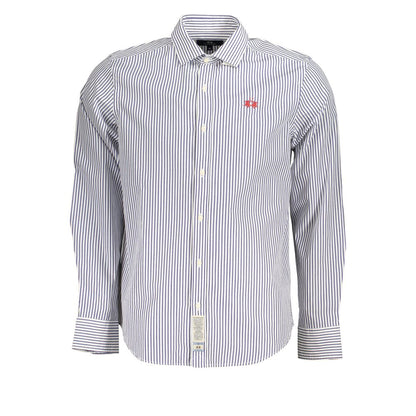La Martina Elegant Long-Sleeved Striped Shirt for Men, blue-striped, French collar, 2-button cuffs, embroidered logo, 100% cotton