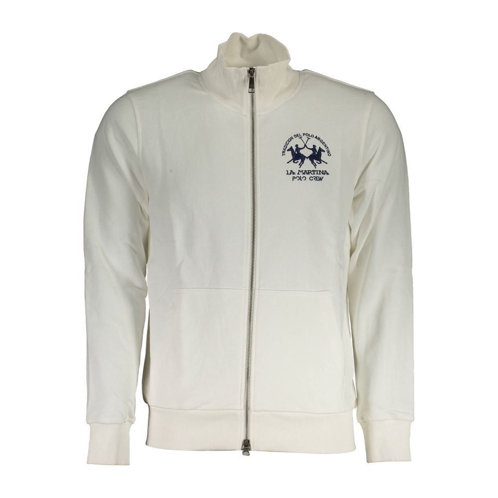 La Martina White Cotton Men Sweater With Zip and Pockets featuring elegant embroidery and versatile design.