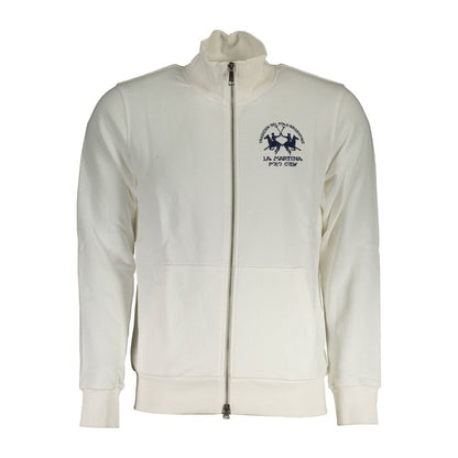 La Martina White Cotton Men Sweater With Zip and Pockets featuring elegant embroidery and versatile design.