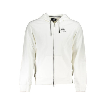 La Martina White Cotton Men Sweater with Hood and Zip Pockets