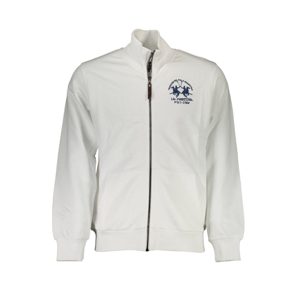La Martina White Cotton Men Sweater with embroidery detail, full-zip front, and dual pockets, ideal for chic casual wear.