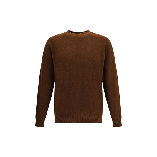 Laneus Brown Cashmere Cashmere Sweater with ribbed crew neck and cuffs, featuring dropped shoulders for a relaxed fit.