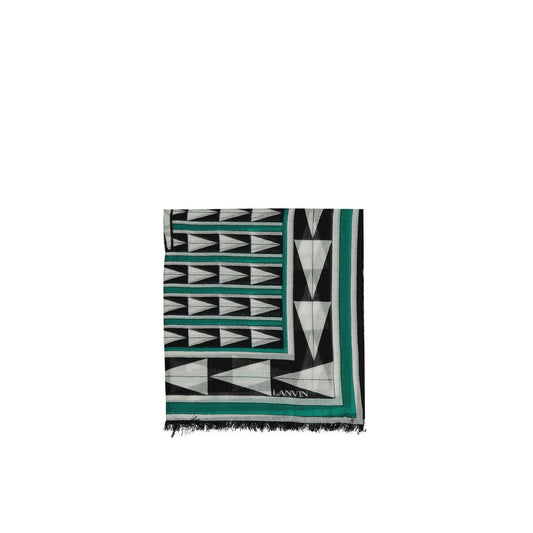 Lanvin Green Wool Scarf with geometric pattern, fringe finish, and logo detail. Made in Italy, 100% wool, size 200x70 cm, for women.