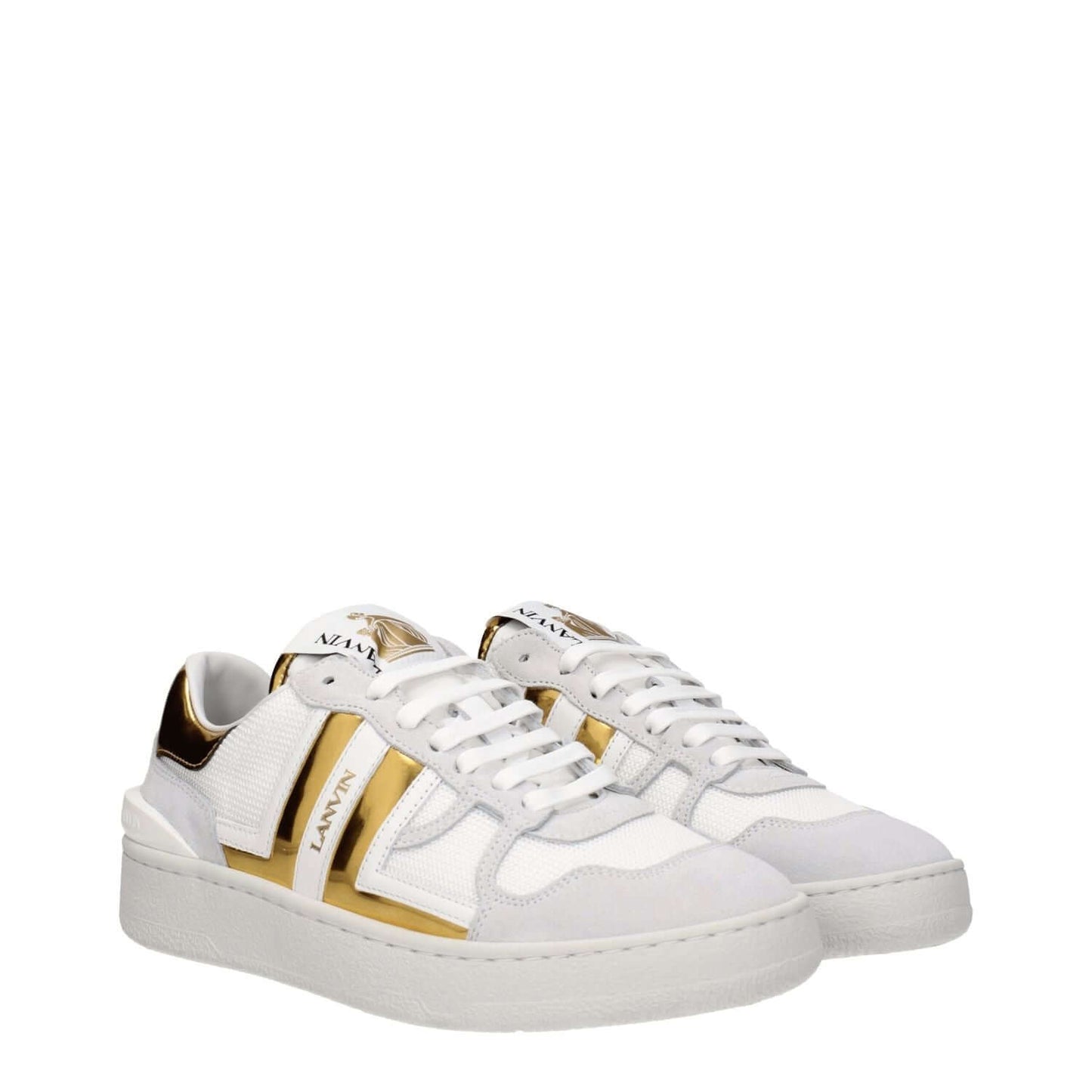 Lanvin White Fabric Low Top Sneakers with gold accents and logo detailing, featuring lace-up closure and rubber sole.
