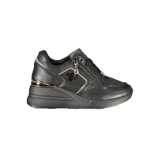 Laura Biagiotti Black Polyester Women Sneaker sleek black sporty chic design with 3 cm platform and iconic logo detail.
