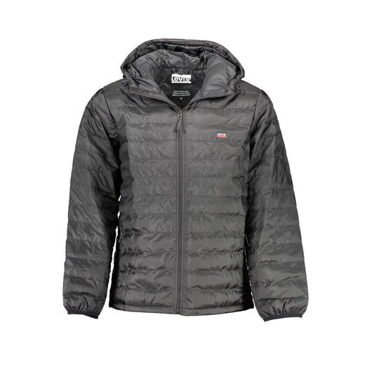 Levi's Black Polyester Men's Jacket with hood and four pockets, featuring signature Levi's embroidery, sleek and durable outerwear.