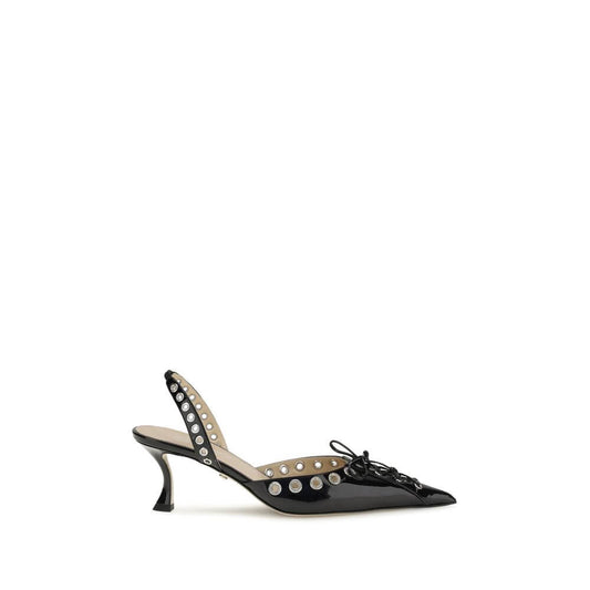 MACH & MACH Black Calf Leather Bos Taurus Lace-Up studded pumps with almond toe and kitten heel, featuring front laces and round studs.