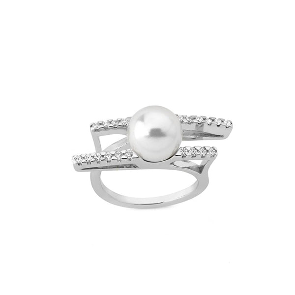 Elegant MAJORICA JEWELRY Mod. 15179.01.2.915.010.1 pearl ring with diamond accents