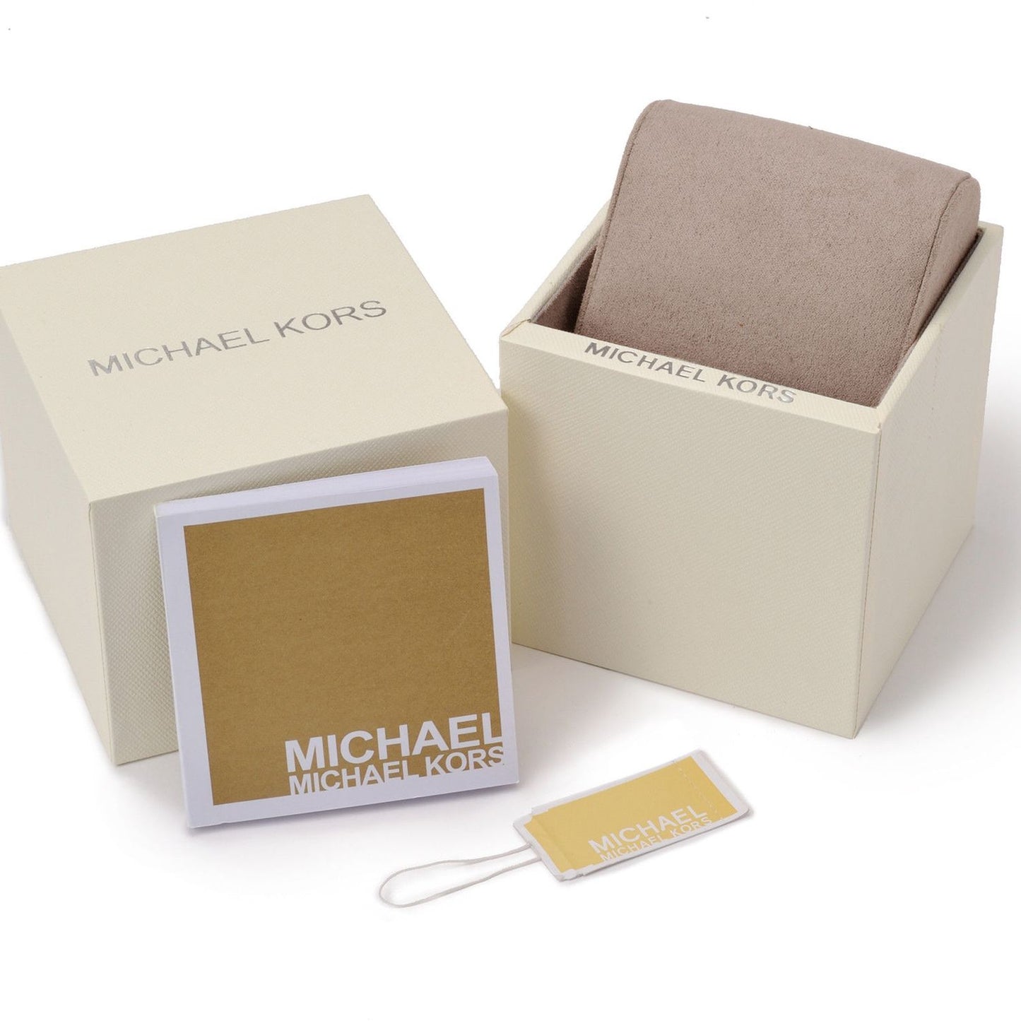 MICHAEL KORS Mod. HARLOWE wristwatch packaging box with tag and manual.