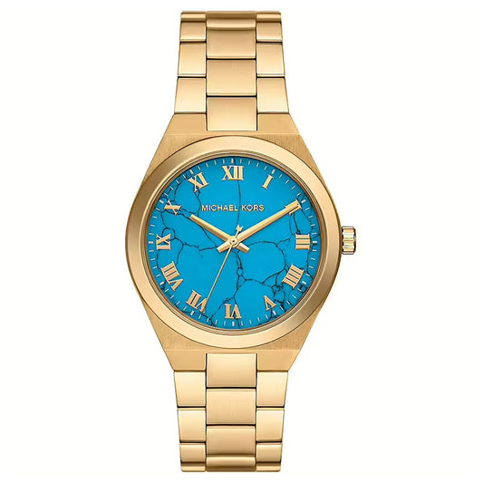 MICHAEL KORS Mod. LENNOX wristwatch with gold strap and blue dial, stainless steel, quartz movement, 5 ATM water resistance, official box packaging.