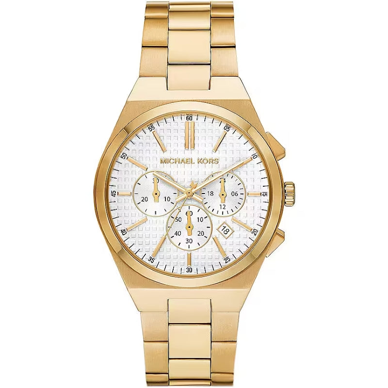 MICHAEL KORS Mod. LENNOX SS IP Gold chronograph wristwatch, 5 ATM water resistant, featuring a quartz movement in official packaging.
