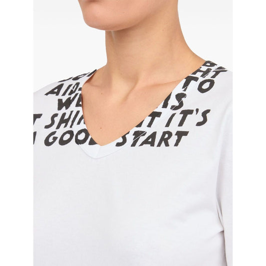 Close-up of MM6 Maison Margiela T-shirts and Polos White with stamp-effect graphic print and V-neck design.
