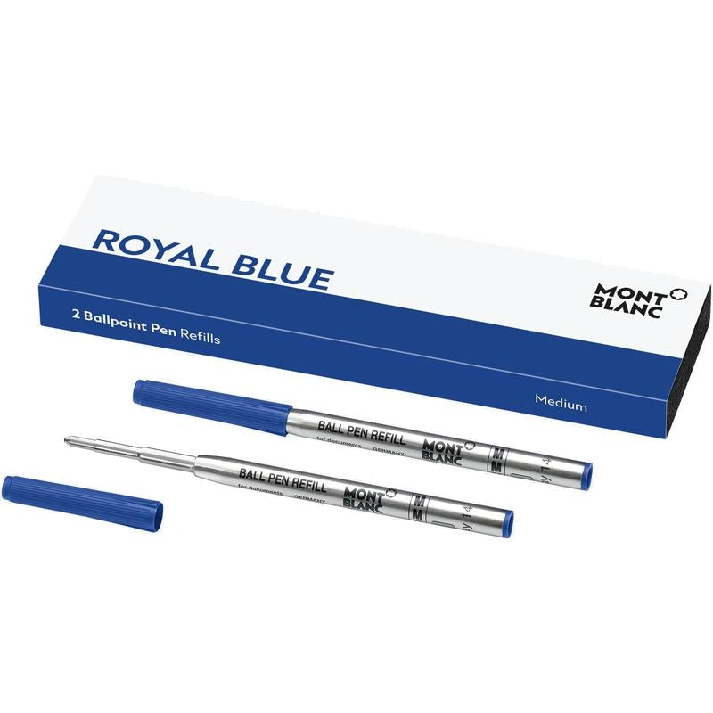 MONTBLANC FASHION ACCESSORIES Mod. 128214 in official box, featuring royal blue ballpoint pen refills for luxury writing experience.