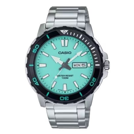 CASIO SPORT Mod. DIVER 100M - AQUA GREEN wristwatch with stainless steel bracelet, quartz movement, day and date functions, 10 ATM water resistant.