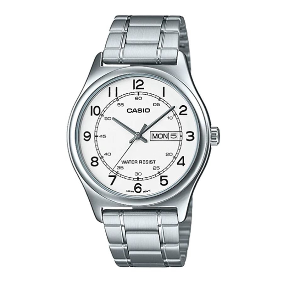 CASIO COLLECTION Mod. DAY DATE - WHITE wristwatch, water resistant with metal strap and quartz movement, displayed in official packaging.