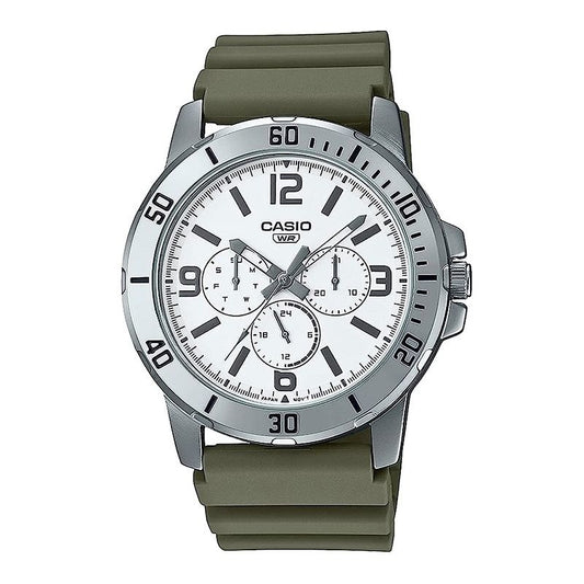 CASIO COLLECTION Mod. DIVER MULTIFUCTION - WHITE watch with stainless steel case, resin strap, chronograph, and day functions in official box.