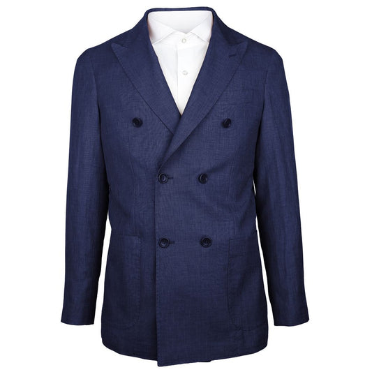 Made in Italy Blue Linen Blazer with double-breasted design, peaked lapels, Loro Piana fabric, and front pockets.