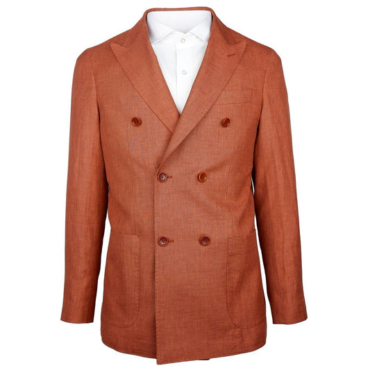 Made in Italy Brown Linen Blazer with Loro Piana Summertime fabric, rust-colored double-breasted style and peaked lapels, front and breast pockets.