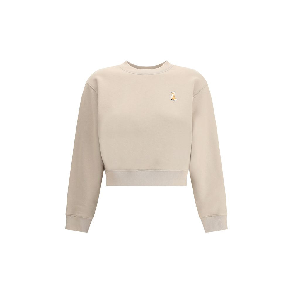 Maison Kitsuné Beige Cotton Sweatshirt with embroidered fox patch and ribbed crew neck for urban style.