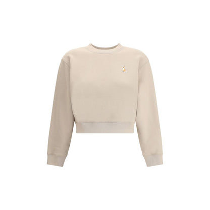 Maison Kitsuné Beige Cotton Sweatshirt with embroidered fox patch and ribbed crew neck for urban style.