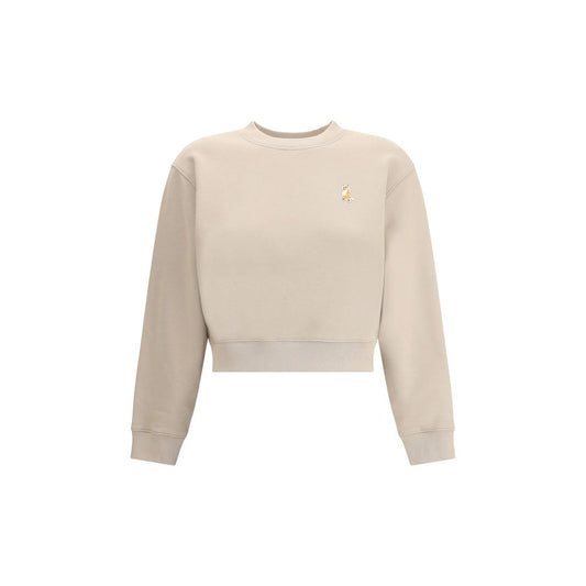 Maison Kitsuné Beige Cotton Sweatshirt with embroidered fox patch and ribbed crew neck for urban style.