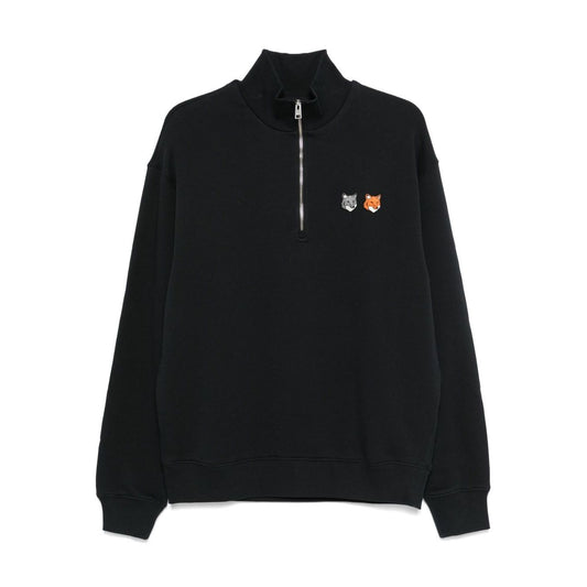 Maison Kitsuné MAISON KITSUNE' Sweaters Grey with fox motif, half zip, ribbed cuffs, and hem, cotton sweatshirt
