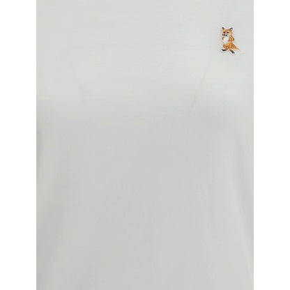 Maison Kitsuné White Cotton T-Shirt with embroidered fox patch, ribbed crew neck, casual style, 100% cotton, regular fit, AW25 season