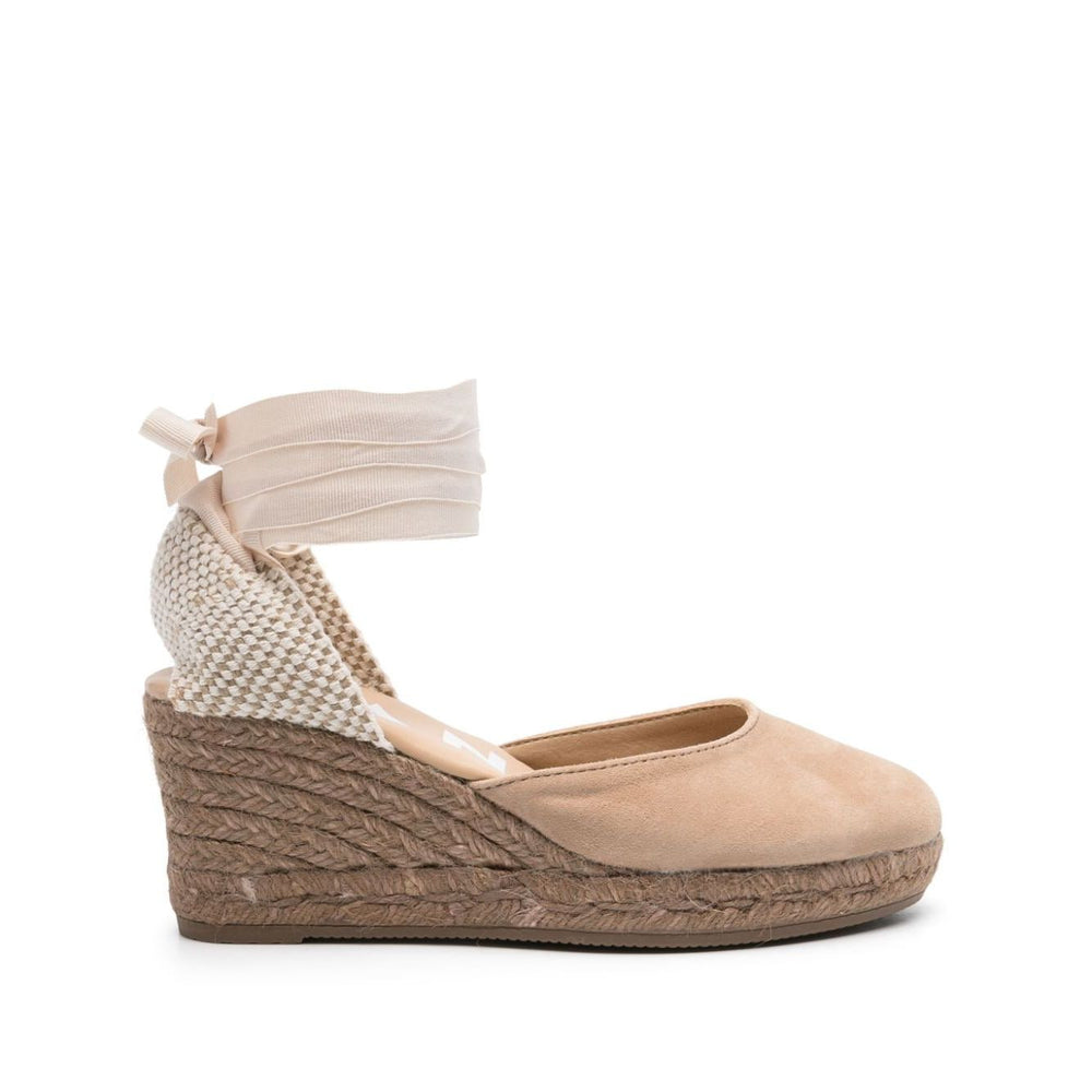Manebí MANEBI Flat shoes Dove Grey with taupe suede, almond toe, interwoven design, logo pull-tab, 75mm wedge heel, rubber sole, front lace-up.