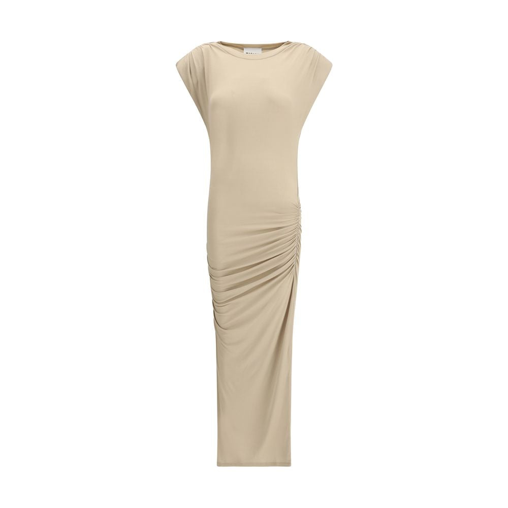 Marant Etoile Beige Modal Casual Dress with draped midi design, cap sleeves, and crew neck for an elegant, modern silhouette.
